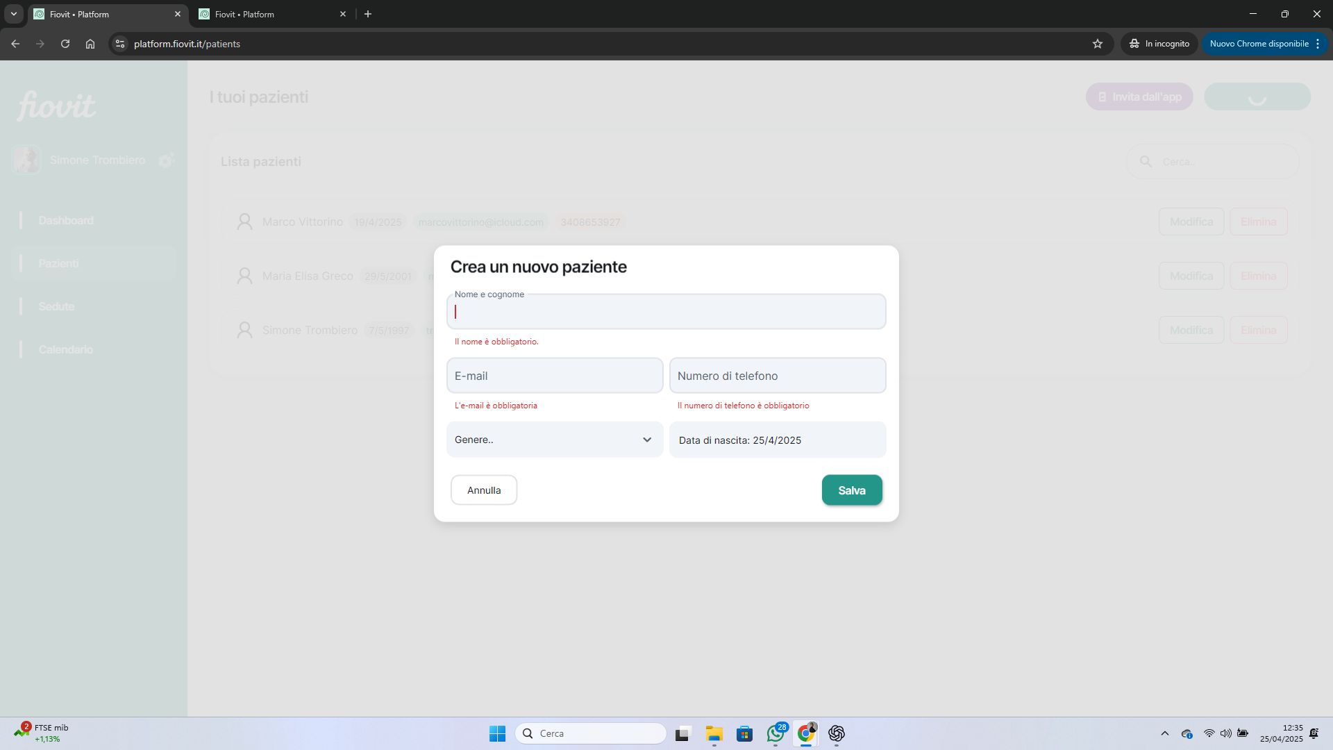Form Crea paziente